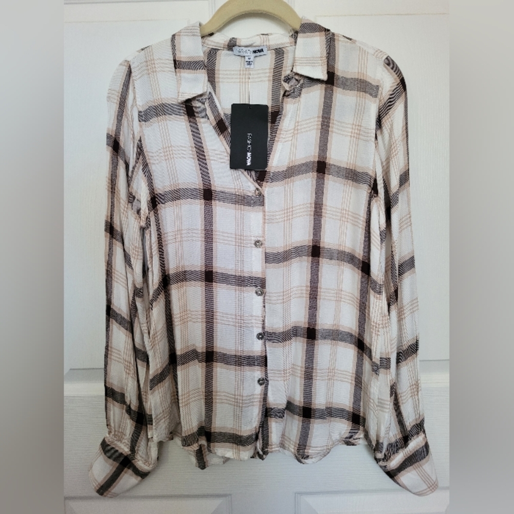 Fashion Nova plaid Button Up Shirt top beige brown NWT